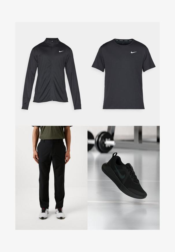 Melna sporta jaka ar garām piedurknēm, apkakli un pilnu rāvējslēdzēju. Uz kreisā krūts augšdaļas ir maigs Nike logo baltā krāsā. Gluda tekstūra.; Melna Nike skriešanas T-kreklā, kas izgatavots no viegla un elpojoša materiāla, ar īsām piedurknēm un mazu baltu logo uz krūtīm.; Melnas bikses ar gludu tekstūru un regulāru piegriezumu, ar priekšējo kabatu un jostas cilpiņām, valkātas ar baltām golfa kurpēm.; Melnas sporta kurpes ar teksturētu acs augšdaļu, gumijas zolīti un izteiktu tumšu Swoosh logotipu. Aprīkotas ar polsterētu apkakli un šņorējamu dizainu.