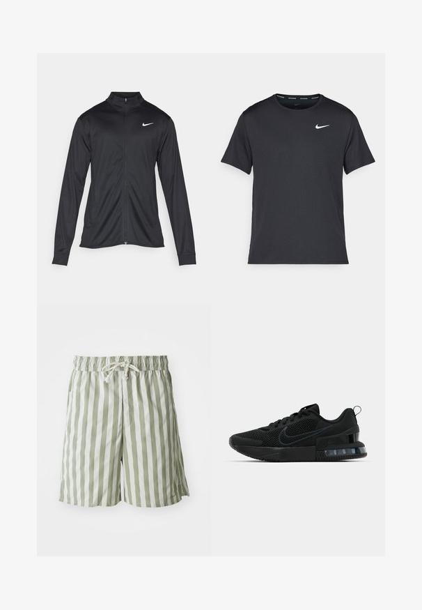 Melna sporta jaka ar garām piedurknēm, apkakli un pilnu rāvējslēdzēju. Uz kreisā krūts augšdaļas ir maigs Nike logo baltā krāsā. Gluda tekstūra.; Melna Nike skriešanas T-kreklā, kas izgatavots no viegla un elpojoša materiāla, ar īsām piedurknēm un mazu baltu logo uz krūtīm.; Zaļi un baltā svītraini peldkostīmi, kas izgatavoti no viegla auduma, ar elastīgu jostu ar auklu un sānu kabatām.; Melnas Nike sporta kurpes ar sietu augšpusi, gumijas zoli, polsterētu apkakli un izteiktu caurspīdīgu papēdi.