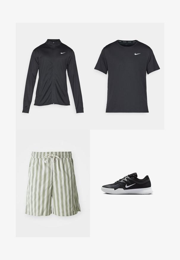 Must värvi sportlik jakk pikkade varrukatega, krae ja täispikk tõmblukk. Ülemises vasakus rinnas on diskreetne valge Nike logo. Sile tekstuur.; Mustamust Nike'i jooksupaita, mis on valmistatud kergest ja hingavast materjalist, lühikeste varrukatega ja mille rinnal on väike valge logo.; Rohelised ja valged triibulised ujumispüksid, mis on valmistatud kerge kangaga, elastse vöökoha ja nööriga, ning küljetaskudega.; Must mustad jalanikesad rikaste ülaservaga, valge Nike swoosh'i ja valge kummist välispõhjaga. Omab paeltega sulgemisdetaili ja dünaamilist kuju.