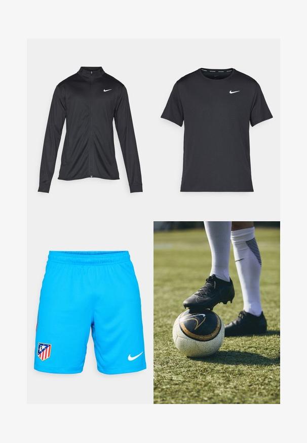 Musta urheilutakki pitkillä hihoilla, kauluksella ja kokonaisella vetoketjulla. Täydentää hienovarainen Nike-logo valkoisena vasemmassa ylärinnassa. Litteä pinta.; Musta Nike juoksupaita, joka on valmistettu kevyestä ja hengittävästä materiaalista. Paidassa on lyhyet hihnat ja pieni valkoinen logo rinnassa.; Vaaleansiniset urheilushortsit hengittävästä kankaasta, jossa on joustava vyötärönauha, joukkueen logo-patch ja valkoinen Nike-vuoto.; Mustat jalkapallokengät valkoisella ja mustalla kuviollisella jalkapallolla, joka lepää vihreällä nurmella. Kengissä on teksturoitu pinta ja nauhat.