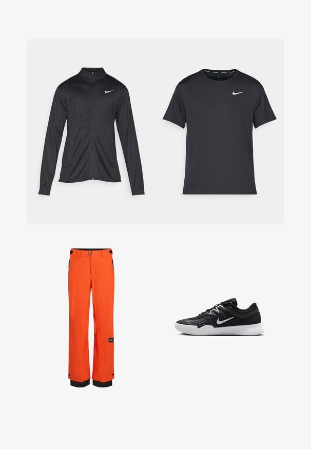 Giacca sportiva nera con maniche lunghe, colletto e zip completa. Presenta un logo Nike in bianco sulla parte superiore del lato sinistro del petto. Tessuto morbido.; Maglietta da corsa Nike nera realizzata in materiale leggero e traspirante, con maniche corte e un piccolo logo bianco sul petto.; Pantaloni da sci arancioni brillanti realizzati in tessuto resistente, con vita nera, chiusure regolabili e tasche con zip e polsini elasticizzati.; Scarpa sportiva nera con tomaia testurizzata, logo Nike swoosh bianco e suola in gomma bianca. Presenta un design con lacci e una forma dinamica.