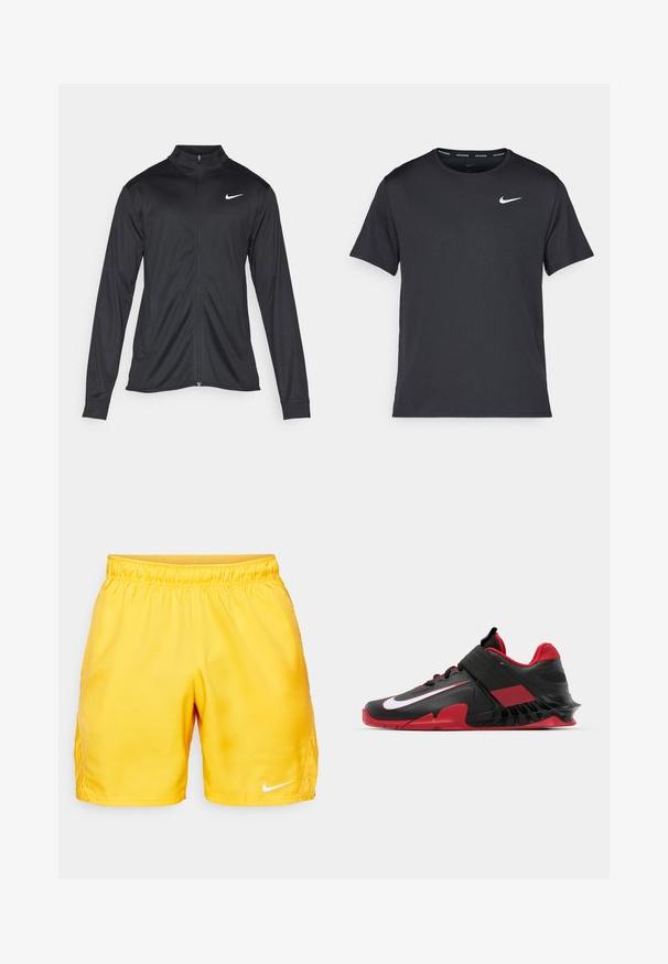 Black athletic jacket with long sleeves, collar, and full zipper. Features a subtle Nike logo in white on the upper left chest. Smooth texture.; Black Nike running T-shirt made of lightweight, breathable material, featuring short sleeves and a small white logo on the chest.; Yellow athletic shorts with an elastic waistband, smooth texture, and a small white Nike logo on the lower side.; Black and red athletic sneakers featuring a sleek design, textured mesh upper, sturdy rubber sole, and prominent white logo accent.