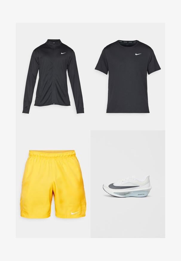 Must värvi sportlik jakk pikkade varrukatega, krae ja täispikk tõmblukk. Ülemises vasakus rinnas on diskreetne valge Nike logo. Sile tekstuur.; Mustamust Nike'i jooksupaita, mis on valmistatud kergest ja hingavast materjalist, lühikeste varrukatega ja mille rinnal on väike valge logo.; Kollased spordishortsid elastse vööriga, siledast materjalist, väikese valge Nike logoga alumises servas.; Valge sportlik king, millel on hall võrgusilm ülemine osa, sinine ZoomX vaht keskmine tald ja kumer välispinna disain, mis tagab parema tõuke ja mugavuse.