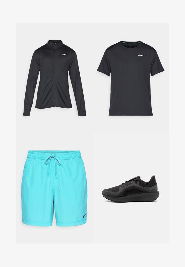 Must värvi sportlik jakk pikkade varrukatega, krae ja täispikk tõmblukk. Ülemises vasakus rinnas on diskreetne valge Nike logo. Sile tekstuur.; Mustamust Nike'i jooksupaita, mis on valmistatud kergest ja hingavast materjalist, lühikeste varrukatega ja mille rinnal on väike valge logo.; Heledad sinine Nike ujumispüksid elastse vöökoha, reguleeritava stringi, küljetaskute ja väikese musta logoga vasakul säärel.; Must have mustandusega mustad sportlikud jalanõud, millel on tekstuurne tikandiga ülemine osa, nutikas disain ja must kummist tallad. Omab nähtavat logo ning Gore-Tex brändingut.