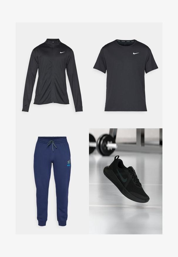 Jacket desportivo preto com mangas longas, colarinho e fecho zip completo. Apresenta um discreto logotipo da Nike em branco na parte superior do lado esquerdo do peito. Textura suave.; T-shirt de corrida Nike preto, feito de material leve e respirável, com mangas curtas e um pequeno logo branco no peito.; Calças de treino azul marinho feitas de um suave tecido de algodão, com cintura elástica e cordão ajustável, e punhos em ribana. Logótipo da Lotto no lado esquerdo.; Ténis desportivo preto com parte superior em malha texturizada, sola de borracha e um destacado logótipo swoosh escuro. Apresenta uma gola acolchoada e design com atacadores.