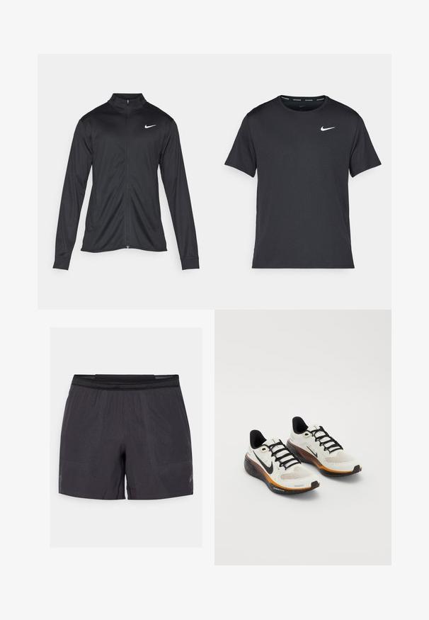 Jacket desportivo preto com mangas longas, colarinho e fecho zip completo. Apresenta um discreto logotipo da Nike em branco na parte superior do lado esquerdo do peito. Textura suave.; T-shirt de corrida Nike preto, feito de material leve e respirável, com mangas curtas e um pequeno logo branco no peito.; Calções de treino pretos com tecido leve e respirável, textura estampada, cintura elástica e detalhe do logótipo refletor.; Ténis de corrida Nike com parte superior em malha branca, atacadores pretos, sola laranja e preta com detalhes salpicados e design respirável.