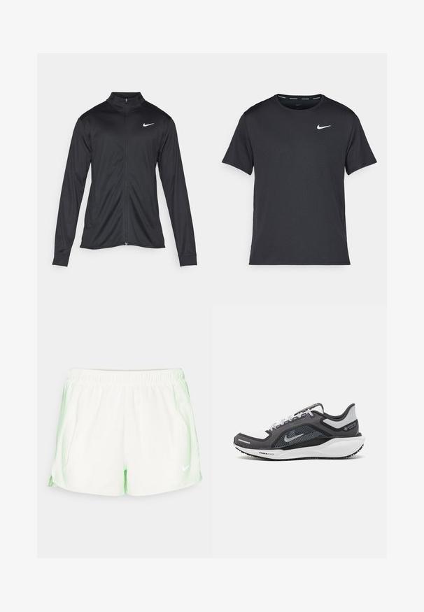 Jachetă sportivă neagră cu mâneci lungi, guler și fermoar complet. Prezintă un logo Nike subtil, alb, pe pieptul din stânga sus. Textură netedă.; Tricou de alergare Nike negru, fabricat dintr-un material ușor și respirabil, cu mâneci scurte și un mic logo alb pe piept.; Șorturi atletice albe cu un design în degradeuri verzi, fabricate dintr-un material ușor, cu textură perforată și un logo alb Nike.; Încălțăminte sport neagră și gri, cu partea superioară din plasă, accente reflectorizante și o talpă intermediară albă. Dispune de o talpă din cauciuc texturat și șireturi.