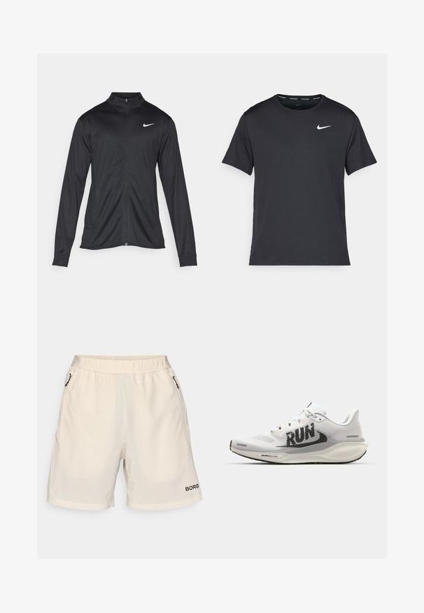 Jacket desportivo preto com mangas longas, colarinho e fecho zip completo. Apresenta um discreto logotipo da Nike em branco na parte superior do lado esquerdo do peito. Textura suave.; T-shirt de corrida Nike preto, feito de material leve e respirável, com mangas curtas e um pequeno logo branco no peito.; Björn Borg ZIP SHORTS - Calções desportivos - birch; Sapatilha de corrida branca com parte superior em malha, grande gráfico preto "RUN", detalhes em cinza claro e sola acolchoada com a marcação "AIR 200M".
