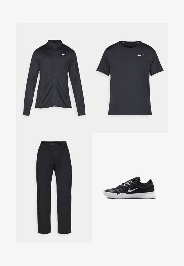 Black athletic jacket with long sleeves, collar, and full zipper. Features a subtle Nike logo in white on the upper left chest. Smooth texture.; Black Nike running T-shirt made of lightweight, breathable material, featuring short sleeves and a small white logo on the chest.; Black trousers with a straight cut, made of lightweight fabric, featuring a belt loop and side pockets for utility.; Black athletic shoe with a textured upper, white Nike swoosh, and a white rubber outsole. Features a lace-up design and dynamic shape.