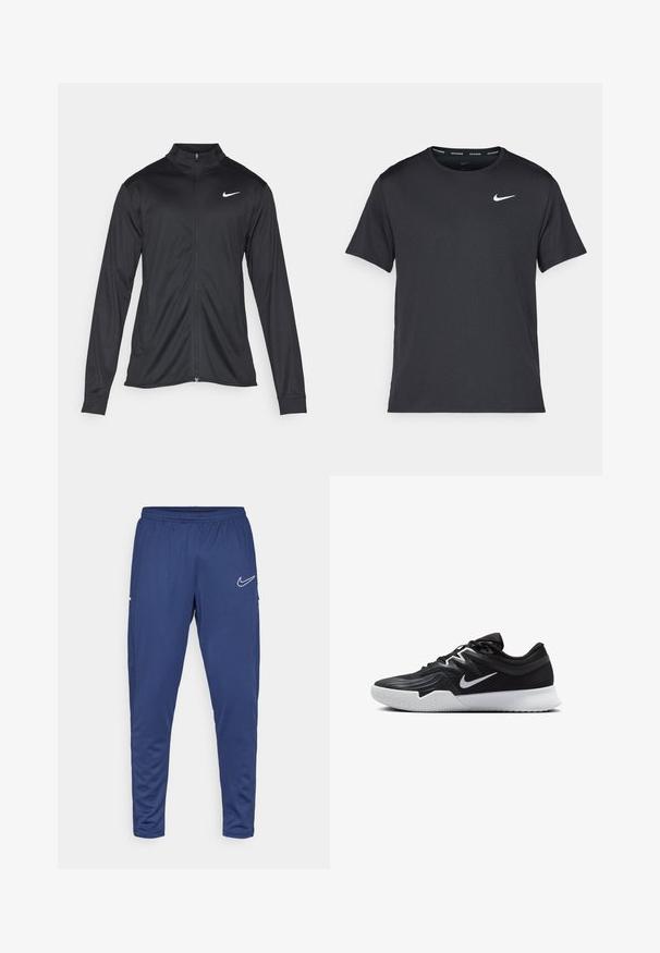 Melna sporta jaka ar garām piedurknēm, apkakli un pilnu rāvējslēdzēju. Uz kreisā krūts augšdaļas ir maigs Nike logo baltā krāsā. Gluda tekstūra.; Melna Nike skriešanas T-kreklā, kas izgatavots no viegla un elpojoša materiāla, ar īsām piedurknēm un mazu baltu logo uz krūtīm.; Jūras zila sporta bikses ar elastīgu jostu, sašaurināts dizains un Nike zvīņa logs baltā krāsā kreisajā augšstilbā. Maiga, gluda tekstūra.; Melni sporta apavi ar teksturētu virsu, balto Nike zulumu un balto gumijas zoli. Iezīmējas ar auklu pievilkšanas dizainu un dinamisku formu.
