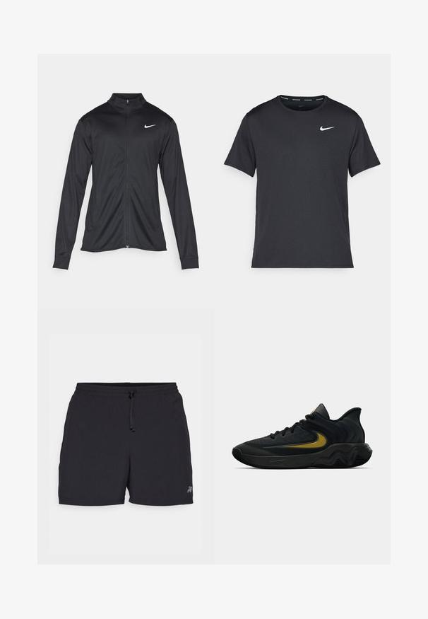 Melna sporta jaka ar garām piedurknēm, apkakli un pilnu rāvējslēdzēju. Uz kreisā krūts augšdaļas ir maigs Nike logo baltā krāsā. Gluda tekstūra.; Melna Nike skriešanas T-kreklā, kas izgatavots no viegla un elpojoša materiāla, ar īsām piedurknēm un mazu baltu logo uz krūtīm.; Melni sporta šorti, kas izgatavoti no viegla auduma. Iespējas ietver elastīgu jostu ar auklu, sānu kabatas un mazu logotipa akcentu.; Melna un tumši pelēka sporta apavu pāris ar melnām auklām un zelta Swoosh logo, ar viļņotu zolītes dizainu un polsterētu papēdi.