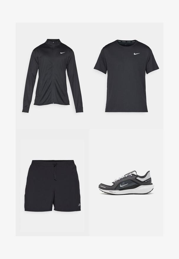 Crna sportska jakna s dugim rukavima, ovratnikom i punim patentnim zatvaračem. Ima suptilan Nike logo u bijeloj boji na gornjem lijevom dijelu prsne oznake. Glatka tekstura.; Crna Nike majica za trčanje napravljena od laganog, prozračnog materijala, s kratkim rukavima i malim bijelim logotipom na prsima.; Crne atletske kratke hlače od lagane tkanine. Imaju elastični pojas s vezicom, bočne džepove i mali logo kao naglasak.; Crne i sive atletske cipele s mrežastim gornjim dijelom, reflektirajućim detaljima i bijelim među-djelom. Imaju strukturiranu gumenu potplate i vezice.