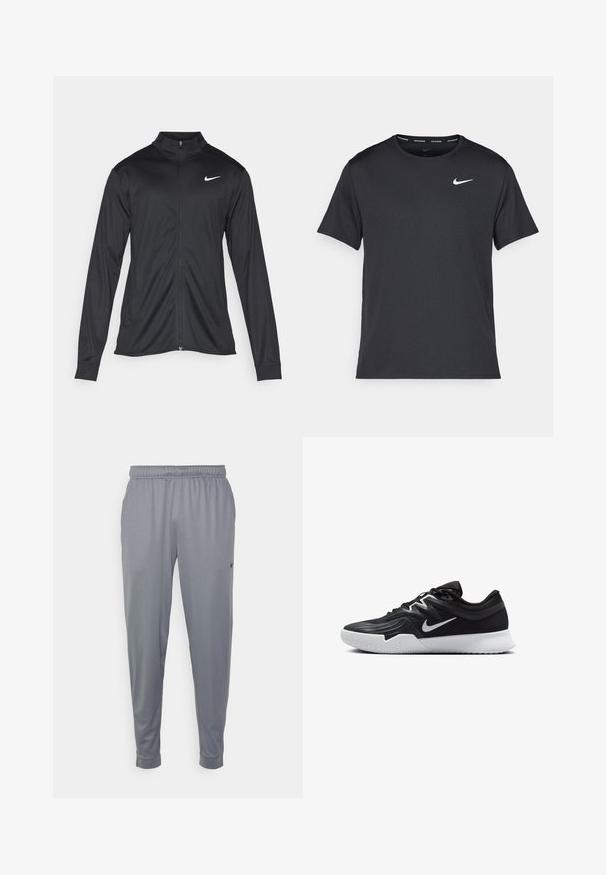 Sort atletisk jakke med lange ærmer, krave og fuld lynlås. Har et diskret Nike-logo i hvidt på den øverste venstre side af brystet. Glat tekstur.; Sort Nike løbe T-shirt lavet af let, åndbart materiale, med korte ærmer og et lille hvidt logo på brystet.; Grå atletiske bukser lavet af letvægtigt stof, med elastisk talje, tætsiddende ben og et lille logo på siden.; Sort atletiksko med en tekstureret overdel, hvid Nike swoosh og en hvid gummisål. Har en snørret design og dynamisk form.