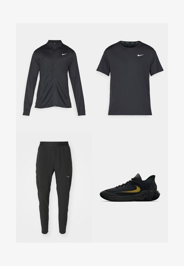 Juodas sportinis švarkas su ilgomis rankovėmis, apykakle ir pilnu užtrauktuku. Yra subtilus baltas Nike logotipas kairėje krūtinės pusėje. Lygus tekstūra.; Juodas Nike bėgimo marškinėlis, pagamintas iš lengvos, kvėpuojančios medžiagos, turintis trumpas rankoves ir mažą baltą logotipą ant krūtinės.; Juodos sportinės kelnės su siaurėjančiu dizainu, elastinga juosta ir mažos mėlynos spalvos logotipo detalė kairėje pusėje. Minkšta, lengva medžiaga.; Juodos ir tamsiai pilkos sportinės bateliai su juodais raišteliais ir auksiniu šypsenėlių logotipu, turintys bangos formos pado dizainą ir paminkštintą kulkšnies apykaklę.