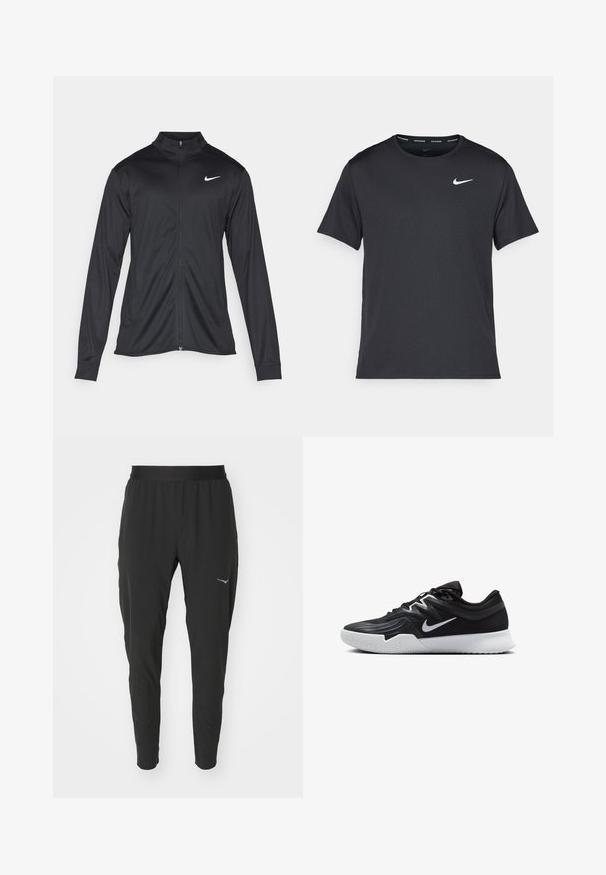 Black athletic jacket with long sleeves, collar, and full zipper. Features a subtle Nike logo in white on the upper left chest. Smooth texture.; Black Nike running T-shirt made of lightweight, breathable material, featuring short sleeves and a small white logo on the chest.; Black athletic pants featuring a tapered design, elastic waistband, and a small blue logo accent on the left side. Soft, lightweight fabric.; Black athletic shoe with a textured upper, white Nike swoosh, and a white rubber outsole. Features a lace-up design and dynamic shape.