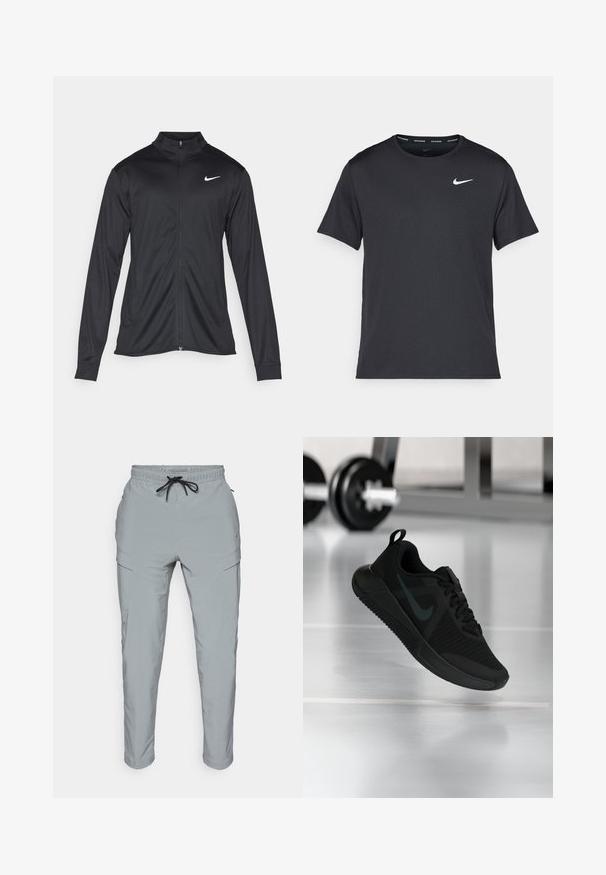 Melna sporta jaka ar garām piedurknēm, apkakli un pilnu rāvējslēdzēju. Uz kreisā krūts augšdaļas ir maigs Nike logo baltā krāsā. Gluda tekstūra.; Melna Nike skriešanas T-kreklā, kas izgatavots no viegla un elpojoša materiāla, ar īsām piedurknēm un mazu baltu logo uz krūtīm.; Gaiši pelēkas bikses no gludas auduma, ar elastīgu jostasvietu un auklu, sānu kabatām un sašaurinātām kājām.; Melnas sporta kurpes ar teksturētu acs augšdaļu, gumijas zolīti un izteiktu tumšu Swoosh logotipu. Aprīkotas ar polsterētu apkakli un šņorējamu dizainu.