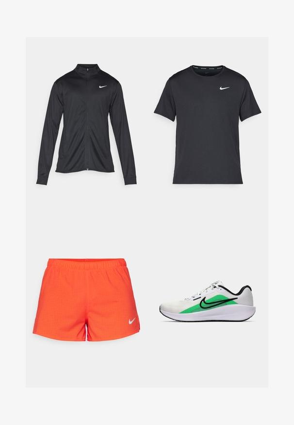 Μαύρο αθλητικό μπουφάν με μακριά μανίκια, γιακά και πλήρη φερμουάρ. Διαθέτει ένα διακριτικό λευκό λογότυπο της Nike στη πάνω αριστερή πλευρά του στήθους. Λείος υφασμάτινος χαρακτήρας.; Μαύρη αθλητική μπλούζα Nike από ελαφρύ, αναπνέον υλικό, με κοντά μανίκια και μικρό λευκό λογότυπο στο στήθος.; Σορτς κατασκευασμένα από φωτεινό πορτοκαλί δικτυωτό ύφασμα με τρυπητή υφή, διαθέτοντας ελαστική μέση και λευκό λογότυπο Nike χαμηλά αριστερά.; Λευκό αθλητικό παπούτσι με πράσινη λεπτομέρεια, μαύρο λογότυπο, επάνω μέρος από δίχτυ, μαλακή σόλα και στρογγυλή φτέρνα. Διαθέτει κορδόνια και αντίθετες λεπτομέρειες.