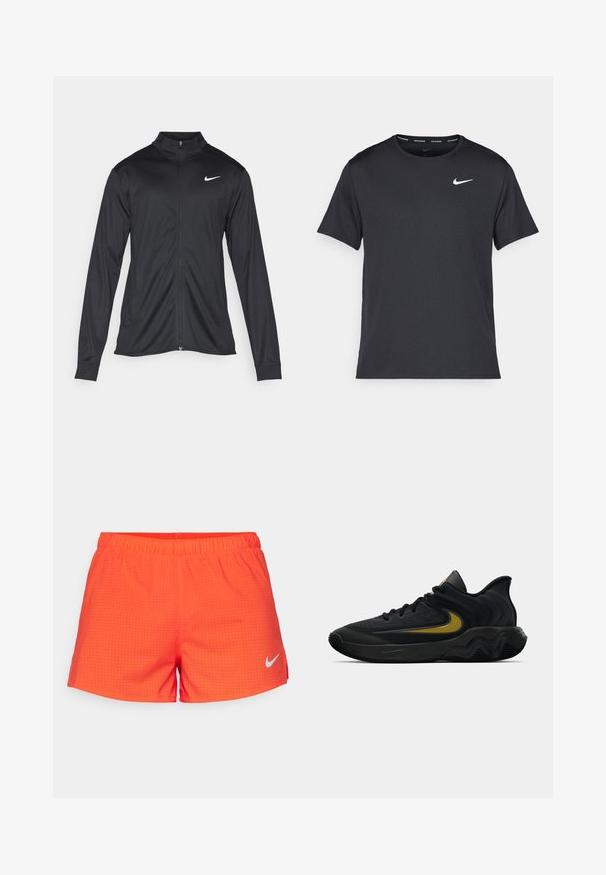 Chaqueta atlética negra con mangas largas, collar y cremallera completa. Presenta un sutil logo de Nike en blanco en la parte superior izquierda del pecho. Textura suave.; Camiseta de running negra de Nike, hecha de material ligero y transpirable, con mangas cortas y un pequeño logo blanco en el pecho.; Bermudas hechas de una malla brillante de color naranja con textura perforada, que cuentan con una cinturilla elástica y un logo de Nike en blanco en la parte inferior izquierda.; Zapatilla deportiva en negro y gris oscuro con cordones negros y logotipo de diseño de swoosh dorado, que presenta un diseño de suela ondulada y un collar acolchado en el talón.