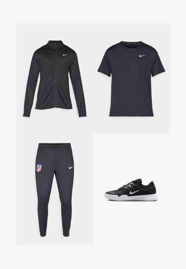 Black athletic jacket with long sleeves, collar, and full zipper. Features a subtle Nike logo in white on the upper left chest. Smooth texture.; Black Nike running T-shirt made of lightweight, breathable material, featuring short sleeves and a small white logo on the chest.; Black athletic pants made of stretchy fabric, featuring an Atlético de Madrid logo on the left side and a white Nike swoosh on the right.; Black athletic shoe with a textured upper, white Nike swoosh, and a white rubber outsole. Features a lace-up design and dynamic shape.