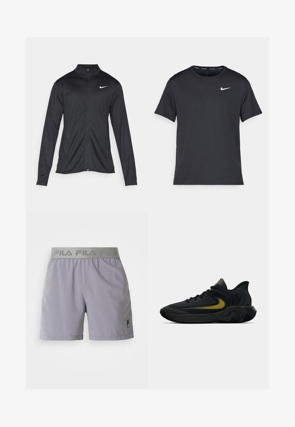 Jacket desportivo preto com mangas longas, colarinho e fecho zip completo. Apresenta um discreto logotipo da Nike em branco na parte superior do lado esquerdo do peito. Textura suave.; T-shirt de corrida Nike preto, feito de material leve e respirável, com mangas curtas e um pequeno logo branco no peito.; Calções de desporto cinza claro feitos de um tecido suave, apresentando uma cinta elástica com a marca "FILA" e um pequeno logótipo na lateral.; Tênis atlético preto e cinza escuro com cadarços pretos e logotipo swoosh dourado, apresentando um design de sola ondulada e colarinho acolchoado no calcanhar.