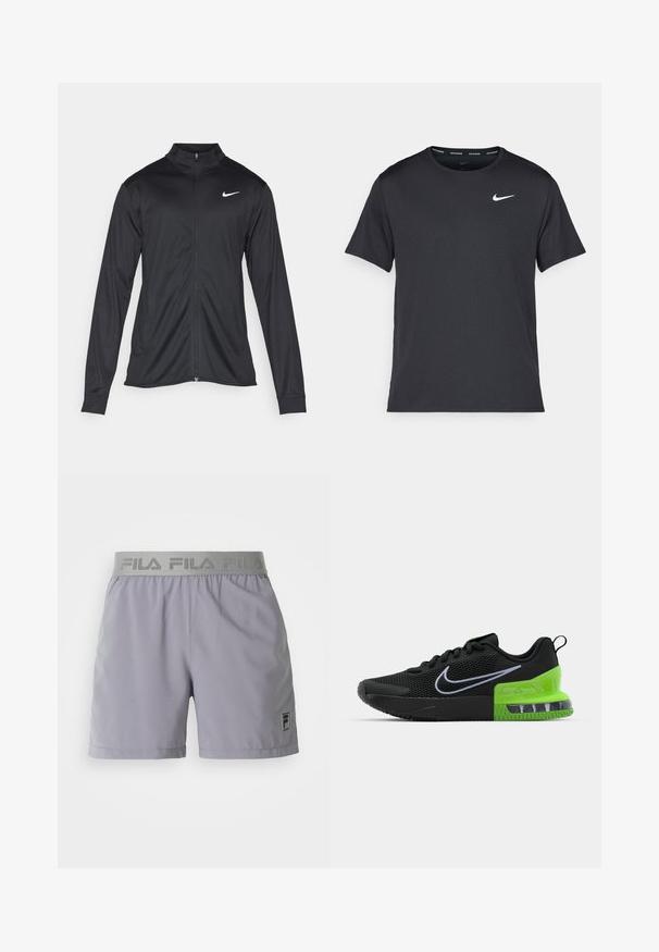 Crna sportska jakna s dugim rukavima, ovratnikom i punim patentnim zatvaračem. Ima suptilan Nike logo u bijeloj boji na gornjem lijevom dijelu prsne oznake. Glatka tekstura.; Crna Nike majica za trčanje napravljena od laganog, prozračnog materijala, s kratkim rukavima i malim bijelim logotipom na prsima.; Svijetlosive atletske šortse napravljene od glatkog materijala, s elastičnom trakicom u struku koja sadrži "FILA" oznaku i malu logotipnu oznaku sa strane.; Crne atletske cipele s mrežastim gornjim dijelom, s zelenim i crnim potplatom s zračenjem, te bijelim Nike swoosh logom.