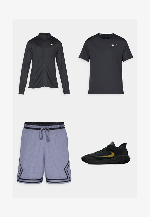 Must värvi sportlik jakk pikkade varrukatega, krae ja täispikk tõmblukk. Ülemises vasakus rinnas on diskreetne valge Nike logo. Sile tekstuur.; Mustamust Nike'i jooksupaita, mis on valmistatud kergest ja hingavast materjalist, lühikeste varrukatega ja mille rinnal on väike valge logo.; Heledad sinised spordilühikesed püksid, millel on võrkmaterjal, elastne vöökoht, nööri ja mustad aktsendid ääres ja küljel.; Mustmust värvi ja tumeda halli sportlik king, millel on mustad paelad ja kuldne swooshi logo, ning laineline tald ja pehmendatud kand.