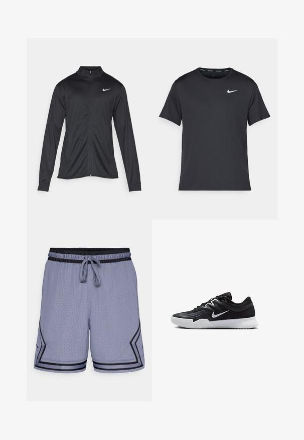 Must värvi sportlik jakk pikkade varrukatega, krae ja täispikk tõmblukk. Ülemises vasakus rinnas on diskreetne valge Nike logo. Sile tekstuur.; Mustamust Nike'i jooksupaita, mis on valmistatud kergest ja hingavast materjalist, lühikeste varrukatega ja mille rinnal on väike valge logo.; Heledad sinised spordilühikesed püksid, millel on võrkmaterjal, elastne vöökoht, nööri ja mustad aktsendid ääres ja küljel.; Must mustad jalanikesad rikaste ülaservaga, valge Nike swoosh'i ja valge kummist välispõhjaga. Omab paeltega sulgemisdetaili ja dünaamilist kuju.