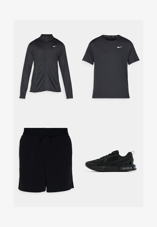 Crna sportska jakna s dugim rukavima, ovratnikom i punim patentnim zatvaračem. Ima suptilan Nike logo u bijeloj boji na gornjem lijevom dijelu prsne oznake. Glatka tekstura.; Crna Nike majica za trčanje napravljena od laganog, prozračnog materijala, s kratkim rukavima i malim bijelim logotipom na prsima.; Nike Performance Sportske kratke hlače - black/anthracite; Crne Nike sportske tenisice s mrežastim gornjim dijelom, gumenim potplatom, podstavljenim ovratnikom i istaknutim prozirnim akcentom na peti.