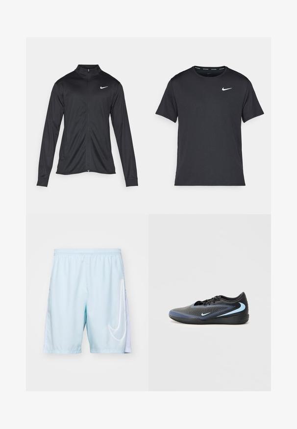 Must värvi sportlik jakk pikkade varrukatega, krae ja täispikk tõmblukk. Ülemises vasakus rinnas on diskreetne valge Nike logo. Sile tekstuur.; Mustamust Nike'i jooksupaita, mis on valmistatud kergest ja hingavast materjalist, lühikeste varrukatega ja mille rinnal on väike valge logo.; Nike Performance SHORT - Spordišortsid - glacier blue/white; Mustmust ja sinine madala lõikega sportlik saabas, millel on tekstuuriga pind, mustad paelad ja helesinised Nike logo kujutised külgedel ja taldades.
