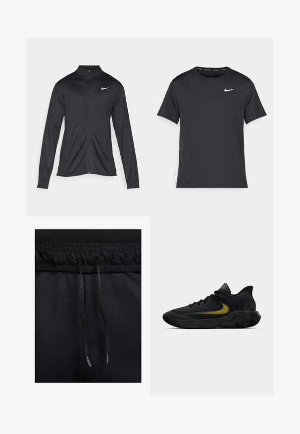 Schwarze Sportjacke mit langen Ärmeln, Kragen und voller Reißverschluss. Verfügt über ein dezentes Nike-Logo in Weiß auf der oberen linken Brust. Glatte Textur.; Schwarzes Nike Lauft-Shirt aus leichtem, atmungsaktivem Material, mit kurzen Ärmeln und einem kleinen weißen Logo auf der Brust.; Schwarze Sportshorts aus strukturiertem Stoff, mit elastischem Bund und Kordelzug. Zu den Details gehören schwarze Kordel mit Metallenden.; Schwarzer und dunkelgrauer Sportschuh mit schwarzen Schnürsenkeln und goldenem Swoosh-Logo, ausgestattet mit einem gewellten Sohlen design und gepolstertem Fersenkragen.