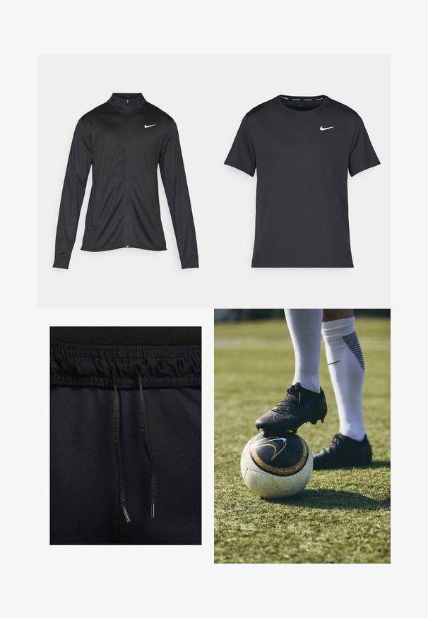 Giacca sportiva nera con maniche lunghe, colletto e zip completa. Presenta un logo Nike in bianco sulla parte superiore del lato sinistro del petto. Tessuto morbido.; Maglietta da corsa Nike nera realizzata in materiale leggero e traspirante, con maniche corte e un piccolo logo bianco sul petto.; Pantaloni shorts sportivi neri con tessuto testurizzato, vita elastica e cordino. I dettagli includono un cordino nero con estremità in metallo.; Scarpino da calcio nero su una palla da calcio con motivo bianco e nero, poggiata su erba verde. Il cleat presenta materiali testurizzati e lacci.