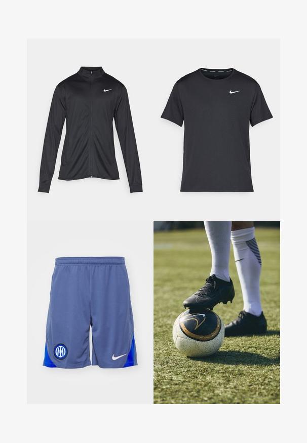 Chaqueta atlética negra con mangas largas, collar y cremallera completa. Presenta un sutil logo de Nike en blanco en la parte superior izquierda del pecho. Textura suave.; Camiseta de running negra de Nike, hecha de material ligero y transpirable, con mangas cortas y un pequeño logo blanco en el pecho.; Pantalones cortos deportivos grises con un panel lateral azul, que presentan un logo negro y azul en la pierna izquierda y un swoosh blanco de Nike en el lado derecho.; Botín de fútbol negro sobre un balón de fútbol con patrón blanco y negro, reposando sobre césped verde. El botín presenta un material texturizado y cordones.