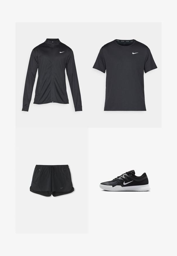 Svart idrettsjakke med lange ermer, krage og full glidelås. Har en subtil Nike-logo i hvitt på øvre venstre bryst. Glatt tekstur.; Svart Nike løpe-T-skjorte laget av lett, pustende stoff, med korte ermer og en liten hvit logo på brystet.; Svarte treningsshorts med elastisk midje og snor. Har to sidelommer og et Nike-logo foran til venstre.; Svart treningssko med teksturert overdel, hvit Nike-swoosh og hvit gummisåle. Har snøring og en dynamisk form.