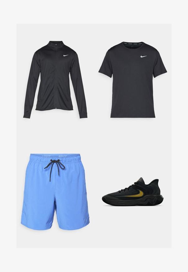 Must värvi sportlik jakk pikkade varrukatega, krae ja täispikk tõmblukk. Ülemises vasakus rinnas on diskreetne valge Nike logo. Sile tekstuur.; Mustamust Nike'i jooksupaita, mis on valmistatud kergest ja hingavast materjalist, lühikeste varrukatega ja mille rinnal on väike valge logo.; Sinised lühikesed püksid, mis on valmistatud kerge kangaga, elastse vöökoha ja musta paelaga ning küljetaskutega. Väike logo aktsent.; Mustmust värvi ja tumeda halli sportlik king, millel on mustad paelad ja kuldne swooshi logo, ning laineline tald ja pehmendatud kand.