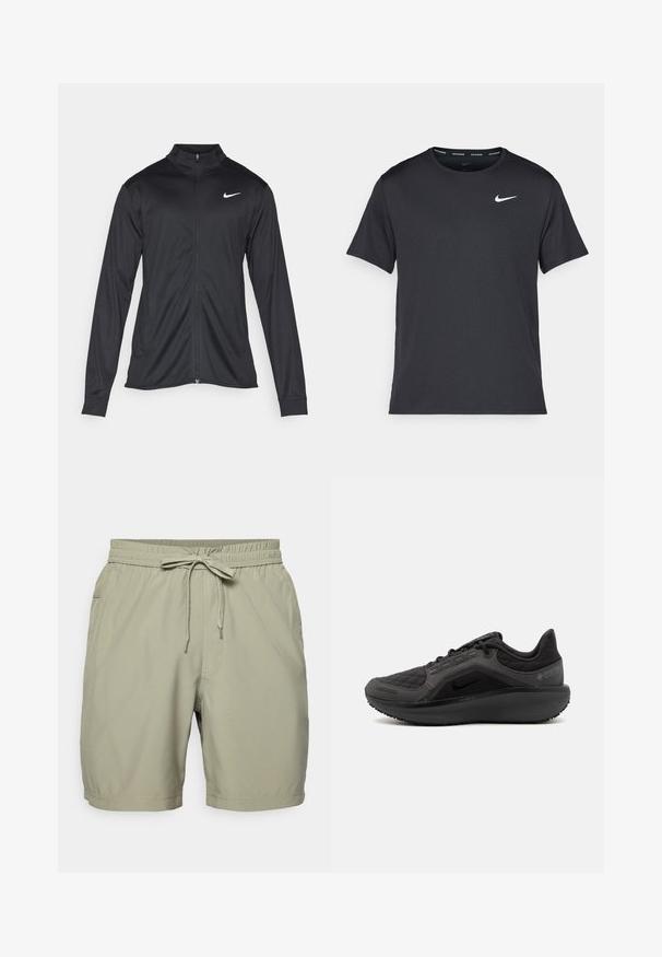 Chaqueta atlética negra con mangas largas, collar y cremallera completa. Presenta un sutil logo de Nike en blanco en la parte superior izquierda del pecho. Textura suave.; Camiseta de running negra de Nike, hecha de material ligero y transpirable, con mangas cortas y un pequeño logo blanco en el pecho.; Bañador color caqui con cintura elástica y cordón, que cuenta con bolsillos laterales y una tela suave y ligera.; Zapatilla deportiva negra con una parte superior acolchada texturizada, diseño elegante y suela de goma negra. Presenta un logo visible y la marca Gore-Tex.