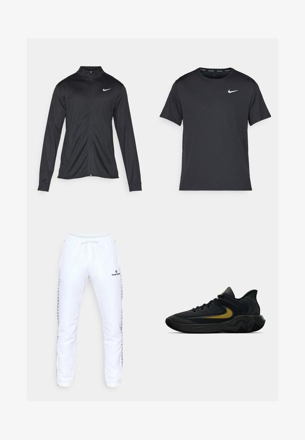 Black athletic jacket with long sleeves, collar, and full zipper. Features a subtle Nike logo in white on the upper left chest. Smooth texture.; Black Nike running T-shirt made of lightweight, breathable material, featuring short sleeves and a small white logo on the chest.; White track pants with elastic waistband, drawstring, side stripes featuring black logos, and small black logo on the upper thigh.; Black and dark gray athletic shoe with black laces and gold swoosh logo, featuring a wavy sole design and padded heel collar.