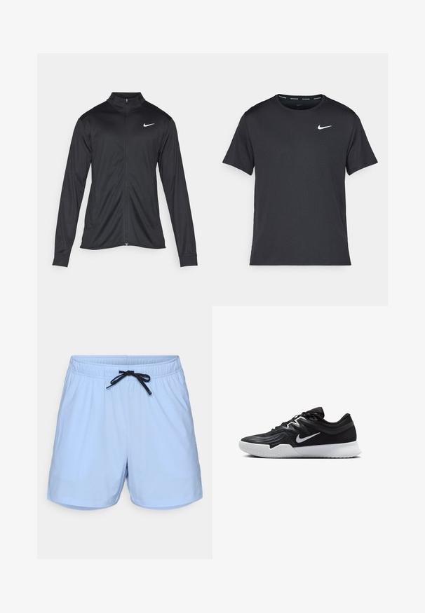 Fekete sportdzseki hosszú ujjal, gallérral és teljes cipzárral. Diszkrét fehér Nike logóval az upper bal mellen. Sima textúra.; Fekete Nike futó póló, könnyű, légáteresztő anyagból készült, rövid ujjú, és a mellkasán egy kicsi fehér logó található.; Világoskék fürdőnadrág, könnyű anyagból készült, elasztikus derékpánttal és fekete zsinórral, oldalára zsebekkel.; Fekete sportcipő texturált felsőrésszel, fehér Nike logóval és fehér gumitalppal. Fűzős kialakítással és dinamikus formával rendelkezik.