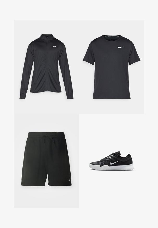 Čierna športová bunda s dlhými rukávmi, golierom a plným zipsom. Obsahuje nenápadné logo Nike v bielej farbe na hornej ľavej hrudi. Hladká textúra.; Čierne bežecké tričko Nike vyrobené z ľahkého a priedušného materiálu, s krátkymi rukávmi a malým bielym logom na hrudi.; Čierne bavlnené atletické šortky s elastickým pásom, nastaviteľnou šnúrkou a logom na dolnej ľavej nohe. Hladká textúra.; Čierna športová topánka s textúrovaným zvrškom, bielym logom Nike a bielou gumovou podrážkou. Má šnurovací dizajn a dynamický tvar.
