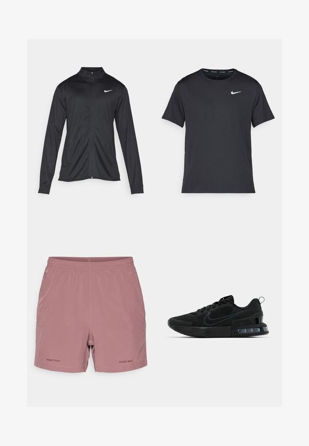 Schwarze Sportjacke mit langen Ärmeln, Kragen und voller Reißverschluss. Verfügt über ein dezentes Nike-Logo in Weiß auf der oberen linken Brust. Glatte Textur.; Schwarzes Nike Lauft-Shirt aus leichtem, atmungsaktivem Material, mit kurzen Ärmeln und einem kleinen weißen Logo auf der Brust.; Helles rosa Sportshorts mit elastischem Bund, minimalen Nähdetails und dem "PROJECT ROCK"-Logo, das auf der unteren linken Seite aufgedruckt ist.; Schwarzer Nike Sportschuh mit einem Mesh-Obermaterial, gummierter Sohle, gepolstertem Kragen und einem auffälligen transparenten Fersenakzent.