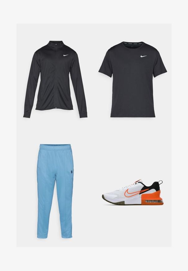 Juodas sportinis švarkas su ilgomis rankovėmis, apykakle ir pilnu užtrauktuku. Yra subtilus baltas Nike logotipas kairėje krūtinės pusėje. Lygus tekstūra.; Juodas Nike bėgimo marškinėlis, pagamintas iš lengvos, kvėpuojančios medžiagos, turintis trumpas rankoves ir mažą baltą logotipą ant krūtinės.; Šviesiai mėlynos sportinės kelnės su elastinga juosta, siaurėjančio modelio ir šoninėmis siūlėmis. Įtraukta maža logotipo etiketė kairėje pusėje.; Baltas sportinis batas su tekstūruota tinkline viršutine dalimi, juodais ir oranžiniais akcentais, storu guminio pado sluoksniu ir AIr pagalvės skaidriąja dalimi kulne.