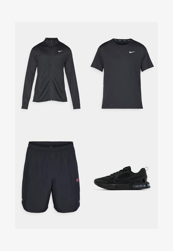 Jacket desportivo preto com mangas longas, colarinho e fecho zip completo. Apresenta um discreto logotipo da Nike em branco na parte superior do lado esquerdo do peito. Textura suave.; T-shirt de corrida Nike preto, feito de material leve e respirável, com mangas curtas e um pequeno logo branco no peito.; Calções atléticos pretos feitos de material leve. Apresentam uma cintura elástica, um logótipo rosa no lado direito e detalhes em malha nas laterais.; Tênis esportivo Nike preto com parte superior em malha, sola de borracha, colarinho acolchoado e um distinto detalhe transparente no calcanhar.