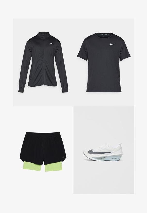 Černá sportovní bunda s dlouhými rukávy, límcem a plným zipem. Má decentní bílou logo značky Nike na horní levé části hrudi. Hladká textura.; Černé běžecké tričko Nike vyrobené z lehkého a prodyšného materiálu, s krátkými rukávy a malým bílým logem na hrudi.; Černé sportovní šortky s elastickým pasem, které mají připojené světlé zelené vnitřní šortky. Hladká tkanina a volný design.; Bílé sportovní boty s šedou síťovinou, modrou střední vrstvou z pěny ZoomX a zakřivenou podešví pro lepší pohon a pohodlí.