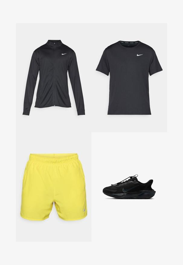Čierna športová bunda s dlhými rukávmi, golierom a plným zipsom. Obsahuje nenápadné logo Nike v bielej farbe na hornej ľavej hrudi. Hladká textúra.; Čierne bežecké tričko Nike vyrobené z ľahkého a priedušného materiálu, s krátkymi rukávmi a malým bielym logom na hrudi.; Žlté športové šortky z ľahkej tkaniny s elastickým pásom. Obsahujú malé šedé logo Nike na dolnej pravej strane.; Čierne športové topánky s textúrovaným sieťovinovým zvrškom, hladkými akcentmi a výrazným logom Nike. Obsahujú odpruženú podrážku a elastické šnúrky.