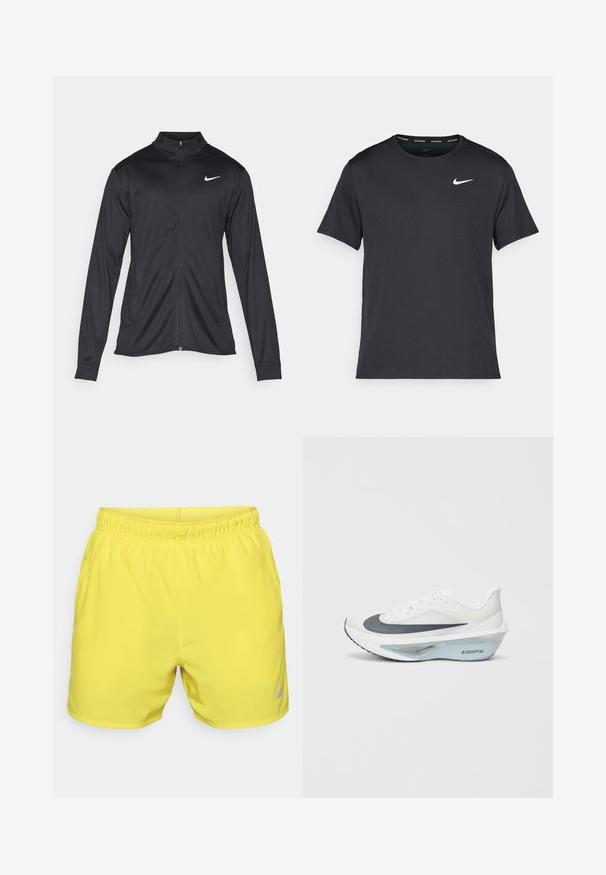 Jachetă sportivă neagră cu mâneci lungi, guler și fermoar complet. Prezintă un logo Nike subtil, alb, pe pieptul din stânga sus. Textură netedă.; Tricou de alergare Nike negru, fabricat dintr-un material ușor și respirabil, cu mâneci scurte și un mic logo alb pe piept.; Shorts atletici galbeni, confecționați dintr-un material ușor, cu o talie elastică. Prezentă un mic logo gri Nike în colțul din dreapta jos.; Pantofii sport albi cu partea superioară din plasă gri, o talpă intermediară din spumă ZoomX albastră și o talpă exterioară curbată pentru un impuls și un confort îmbunătățit.