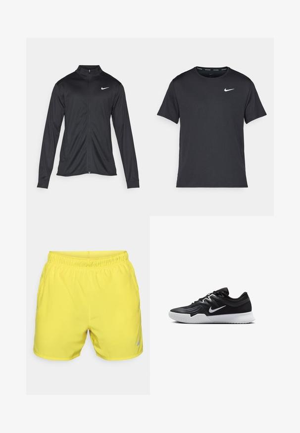 Svart idrettsjakke med lange ermer, krage og full glidelås. Har en subtil Nike-logo i hvitt på øvre venstre bryst. Glatt tekstur.; Svart Nike løpe-T-skjorte laget av lett, pustende stoff, med korte ermer og en liten hvit logo på brystet.; Gule idrettsshorts laget av lett materiale med elastisk midje. Har en liten grå Nike-logo nederst til høyre.; Svart treningssko med teksturert overdel, hvit Nike-swoosh og hvit gummisåle. Har snøring og en dynamisk form.