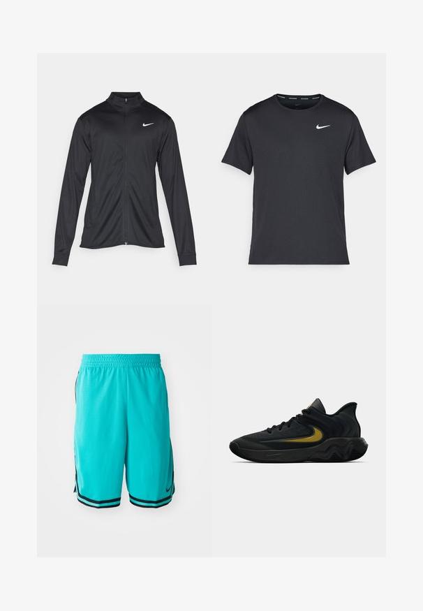 Chaqueta atlética negra con mangas largas, collar y cremallera completa. Presenta un sutil logo de Nike en blanco en la parte superior izquierda del pecho. Textura suave.; Camiseta de running negra de Nike, hecha de material ligero y transpirable, con mangas cortas y un pequeño logo blanco en el pecho.; Pantalones cortos deportivos turquesa con textura de malla, con rayas laterales negras y ribete negro en el dobladillo, cinturilla elástica y un logo de Nike.; Zapatilla deportiva en negro y gris oscuro con cordones negros y logotipo de diseño de swoosh dorado, que presenta un diseño de suela ondulada y un collar acolchado en el talón.