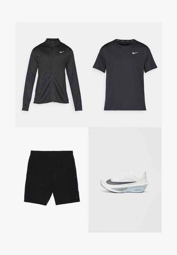 Sort atletisk jakke med lange ærmer, krave og fuld lynlås. Har et diskret Nike-logo i hvidt på den øverste venstre side af brystet. Glat tekstur.; Sort Nike løbe T-shirt lavet af let, åndbart materiale, med korte ærmer og et lille hvidt logo på brystet.; Sorte shorts lavet af letvægtsstof, med elastisk talje, to sidelommer og et lille logo på nederste højre side.; Hvid atletiksko med en grå mesh-overdel, en blå ZoomX skum mellemsål og en buet ydersål for forbedret fremdrift og komfort.
