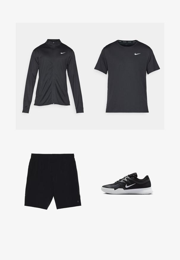 Melna sporta jaka ar garām piedurknēm, apkakli un pilnu rāvējslēdzēju. Uz kreisā krūts augšdaļas ir maigs Nike logo baltā krāsā. Gluda tekstūra.; Melna Nike skriešanas T-kreklā, kas izgatavots no viegla un elpojoša materiāla, ar īsām piedurknēm un mazu baltu logo uz krūtīm.; Melni šorti no viegla auduma, ar elastīgu jostasvietu, divām sānu kabatām un mazu logotipu apakšējā labajā stūrī.; Melni sporta apavi ar teksturētu virsu, balto Nike zulumu un balto gumijas zoli. Iezīmējas ar auklu pievilkšanas dizainu un dinamisku formu.