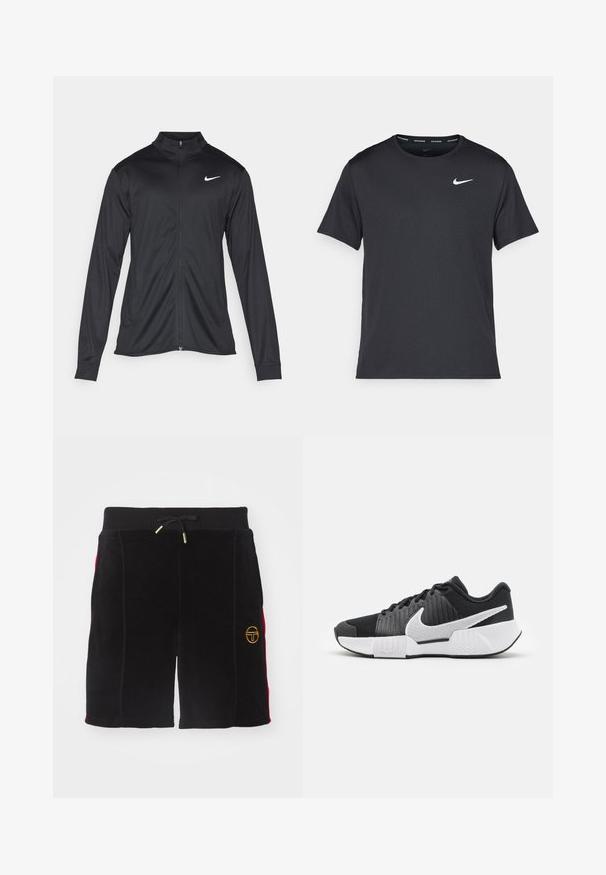 Musta urheilutakki pitkillä hihoilla, kauluksella ja kokonaisella vetoketjulla. Täydentää hienovarainen Nike-logo valkoisena vasemmassa ylärinnassa. Litteä pinta.; Musta Nike juoksupaita, joka on valmistettu kevyestä ja hengittävästä materiaalista. Paidassa on lyhyet hihnat ja pieni valkoinen logo rinnassa.; Mustat veluuri shortsit, joissa on naru vyötäröllä, punaiset sivuakoristeet ja kultainen brodeeraus vasemmassa jalassa. Sujuva tekstuuri, polvipituiset.; Mustat urheilukengät, joissa on tekstuuri päällä, valkoinen swoosh-logo, pehmustettu kanta ja kontrastivalkoinen pohja, jossa on sahalaitakuviota.