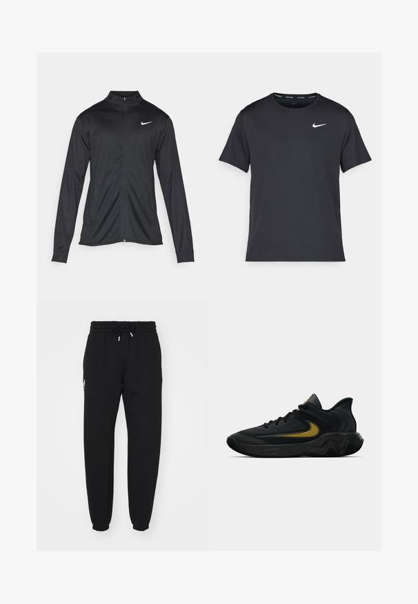Fekete sportdzseki hosszú ujjal, gallérral és teljes cipzárral. Diszkrét fehér Nike logóval az upper bal mellen. Sima textúra.; Fekete Nike futó póló, könnyű, légáteresztő anyagból készült, rövid ujjú, és a mellkasán egy kicsi fehér logó található.; Fekete, puha anyagból készült sportnadrág, elasztikus derékkal, húzózsinórral, elasztikus szegéllyel és kis logóval az oldalon.; Fekete és sötétszürke sportcipő fekete fűzővel és arany swoosh logóval, hullámos talpformával és párnázott sarokpánttal.